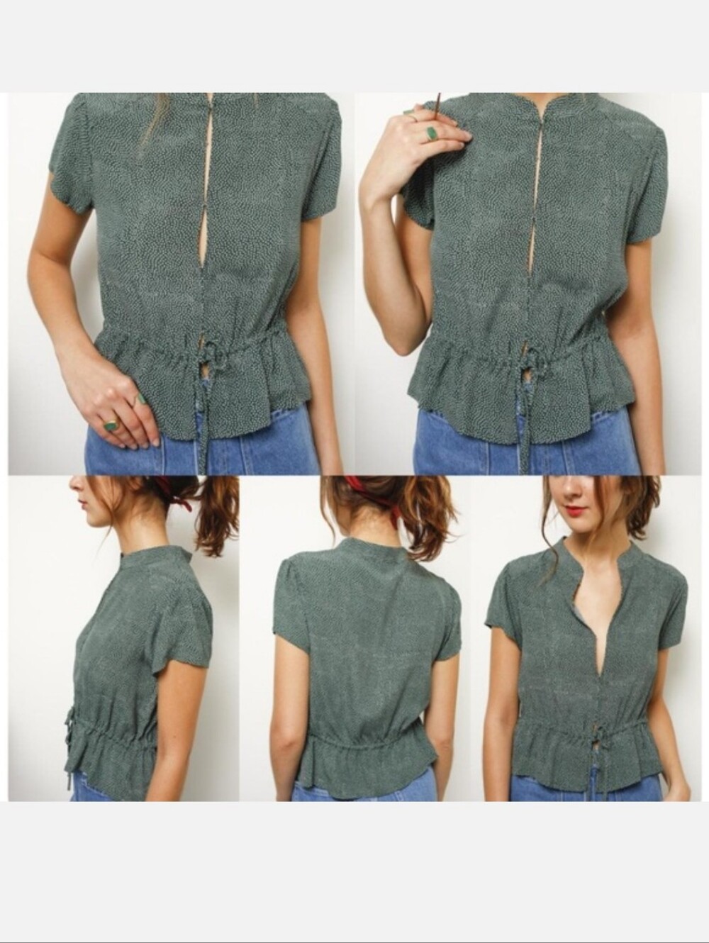 Rolla's Green Polka Dot Peplum Blouse Tie Front Puff Sleeve Top Size XS